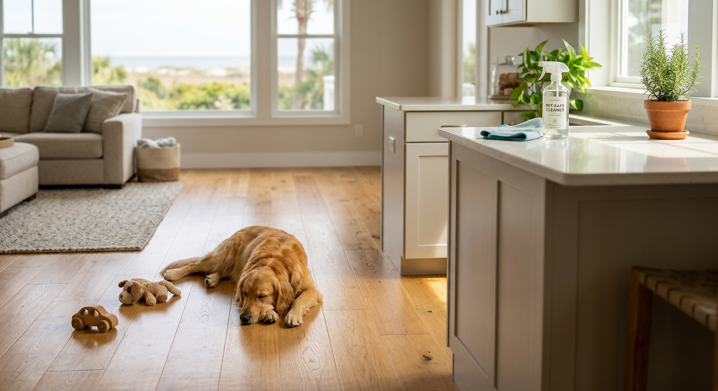 Illustration of “The Sticky Floor Syndrome: Managing Pet Hair, Child-Safe Products, and Coastal Residues in Grand Strand Homes” — Home Cleaning article cover