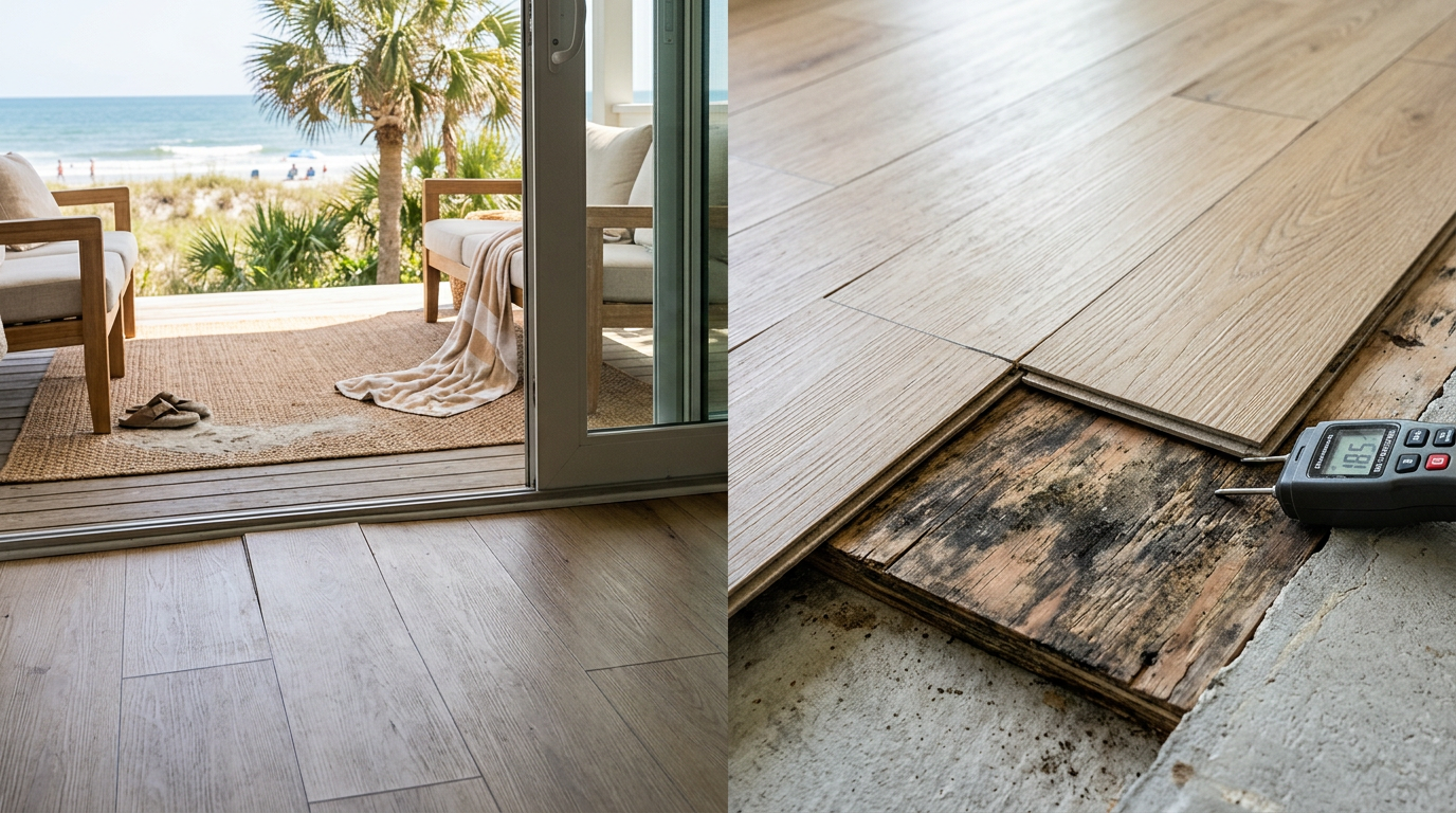 Illustration of “The Sub-Plank LVP Moisture Trap: Preventing Subfloor Mold, Joint Swelling, and Indoor Air Quality Failures in Grand Strand Homes” — Coastal Living article cover