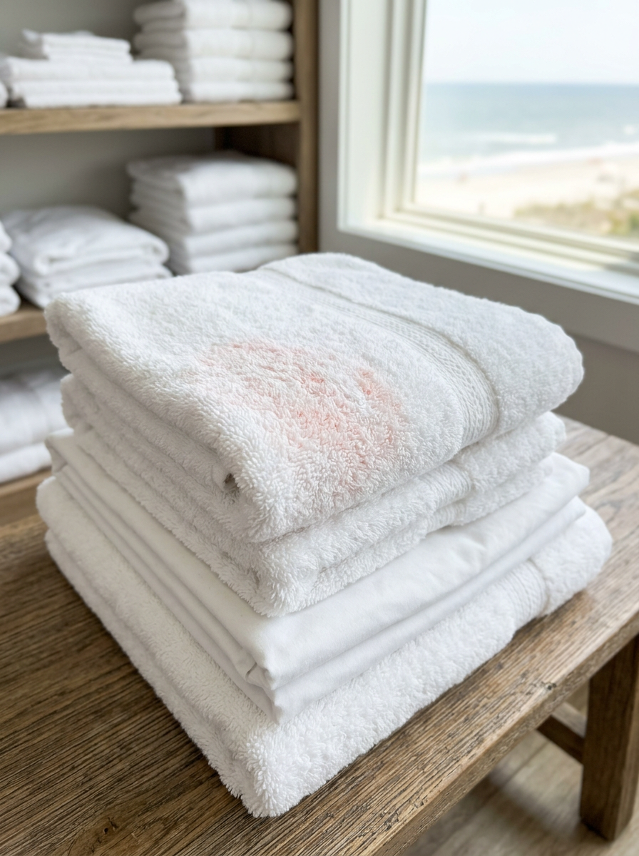 Illustration of “The Sunscreen Avobenzone and Chlorine Stain Extraction Protocol: Mitigating Iron-Reaction Pink Spots and Bleach-Lock Damage in Grand Strand Rental Towels” — Linens & Laundry article cover