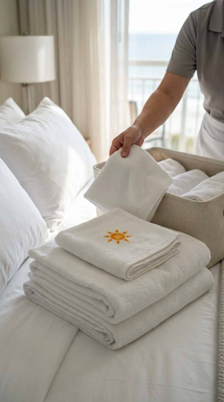 Illustration of “The Sunscreen Stain Solution: Protecting Myrtle Beach Rental Linens from Orange Rust Spots” — Linens & Laundry article cover