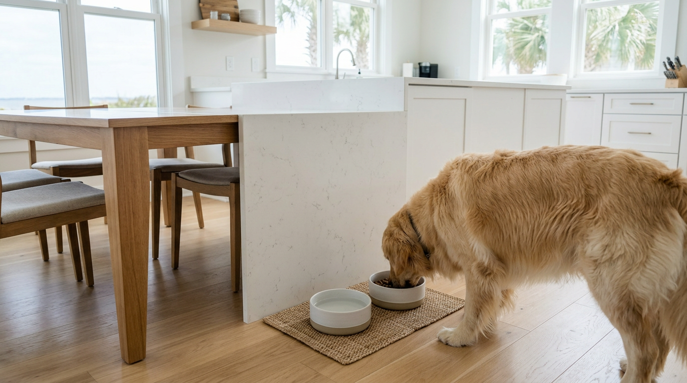 Illustration of “The Under-Table and Pet-Feeding Station Micro-Zone: Child-Safe Yeast, Dander, and Sticky-Food Mitigation in Grand Strand Family Kitchens” — Home Cleaning article cover