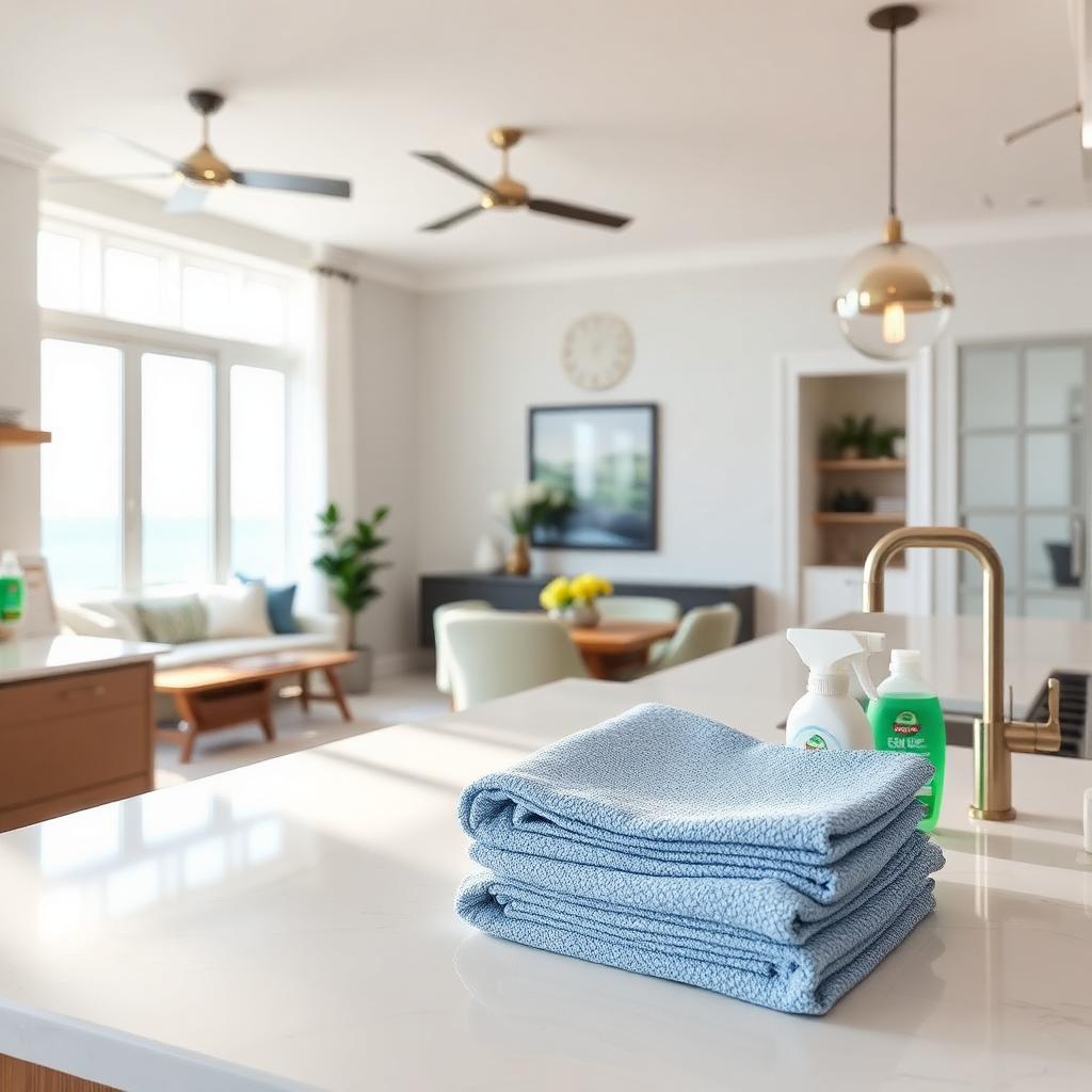 Spotless, professionally cleaned coastal home kitchen and living space — cover image for the article “How Often Should You Really Clean a Beach House?”