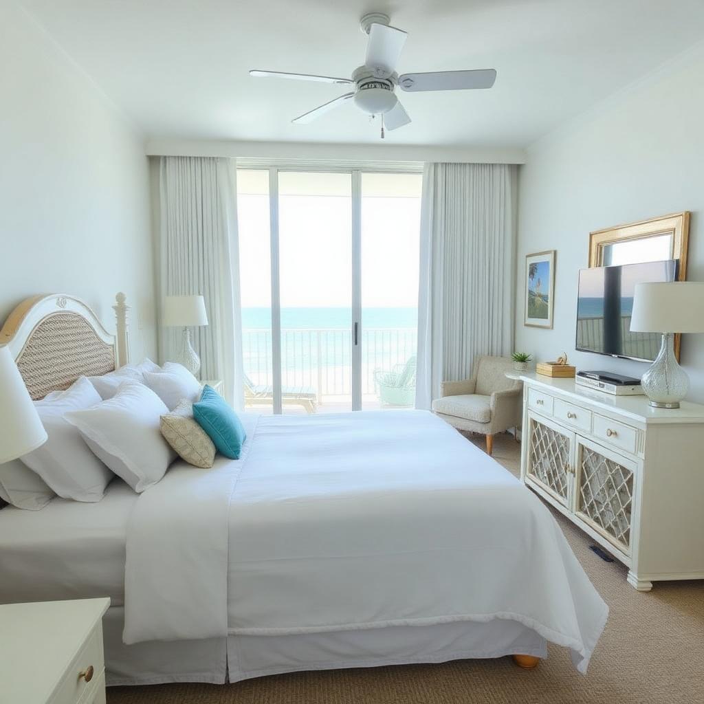 Freshly turned-over Myrtle Beach vacation rental bedroom with crisp white linens — cover image for the article “Deep Cleaning Your Myrtle Beach Rental After the Winter Off-Season”