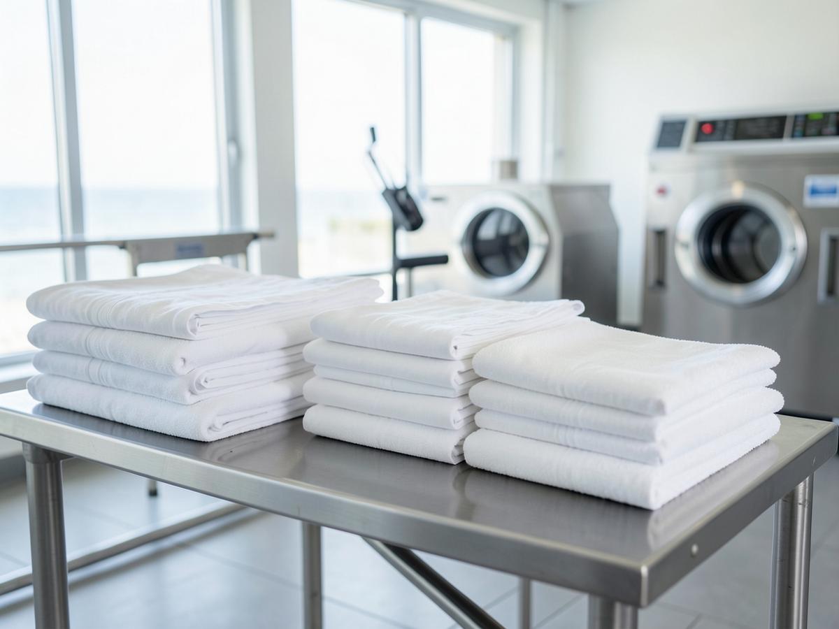 Stacks of freshly laundered white hotel linens and towels folded at the A2Z Myrtle Beach laundry facility