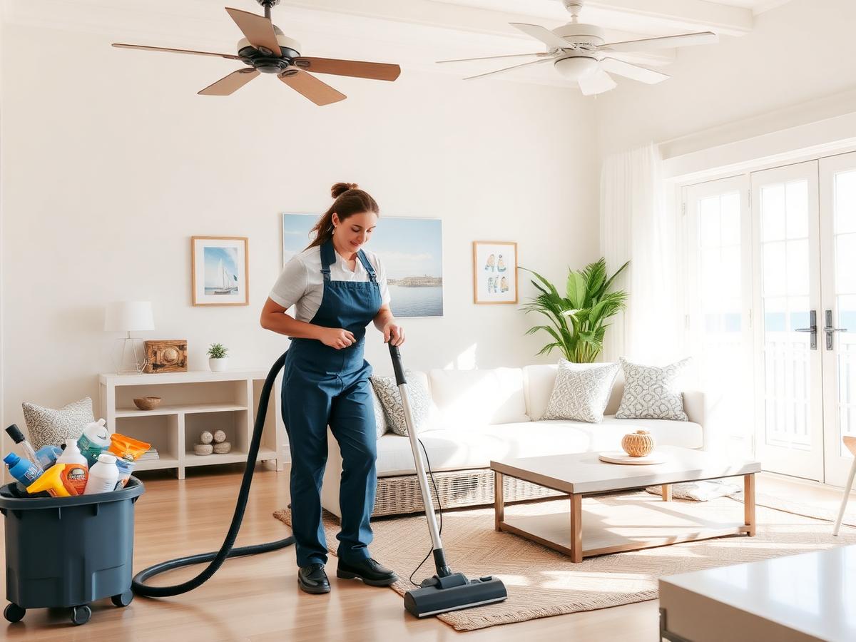 A2Z cleaning professional finishing a one-time cleaning in a bright Myrtle Beach living room